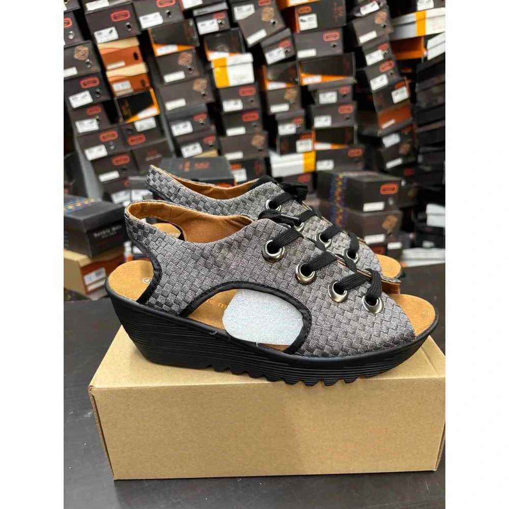 Bernie Mev Marcelo Gunmetal Woven Lace Up Wedge Sandals Womens Size 42 US 11